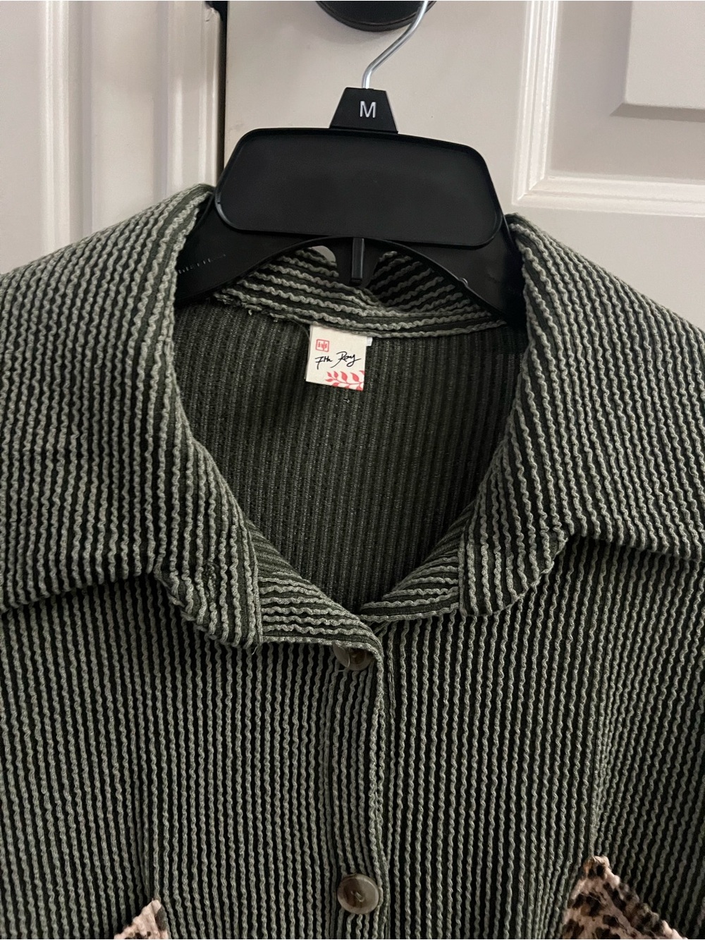 7th Ray Olive Ribbed Knit Cardigan with Subtle Stripe Trim - Picture 3 of 5